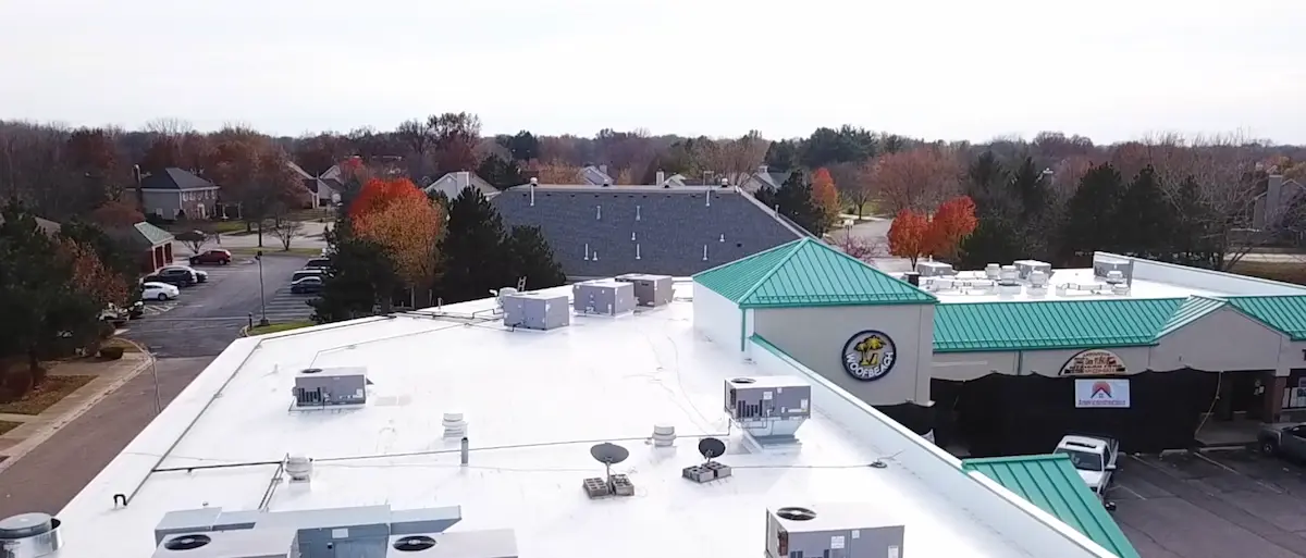 Overhead aerial of completed Americanstruction commercial roofing project in Galena Illinois