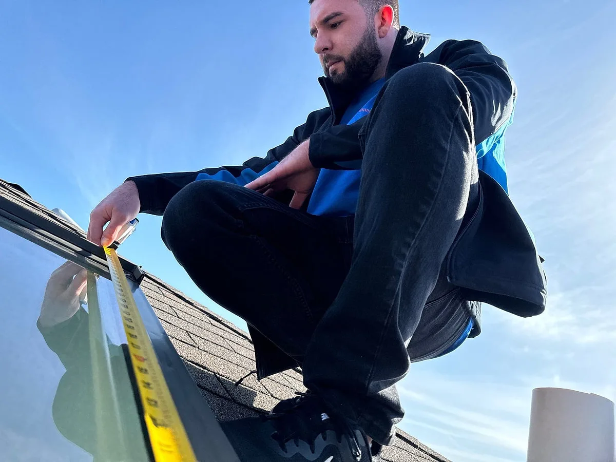 Americanstruction inspector measuring drip edge and shingle dimensions on a residential roof