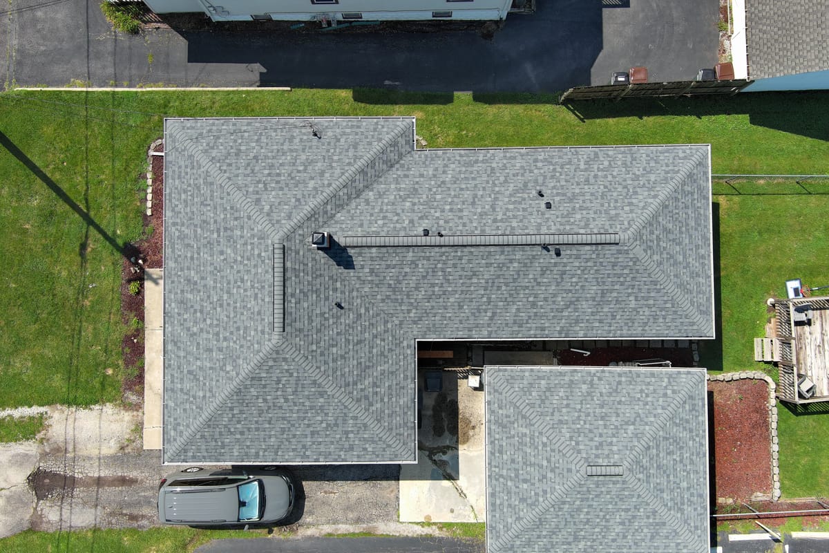 Drone view of a completed residential roof by Americanstruction