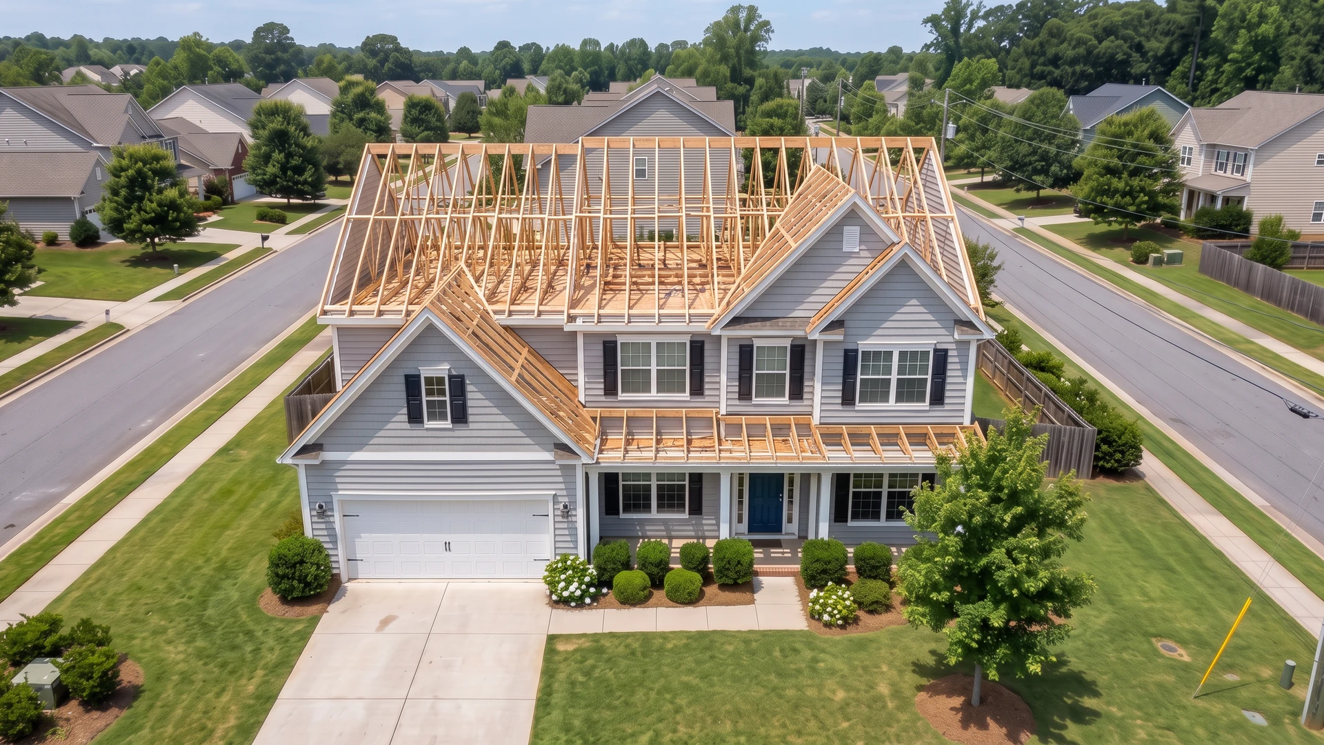 Aerial view of a two-story home with the roof framed in bare wood trusses
