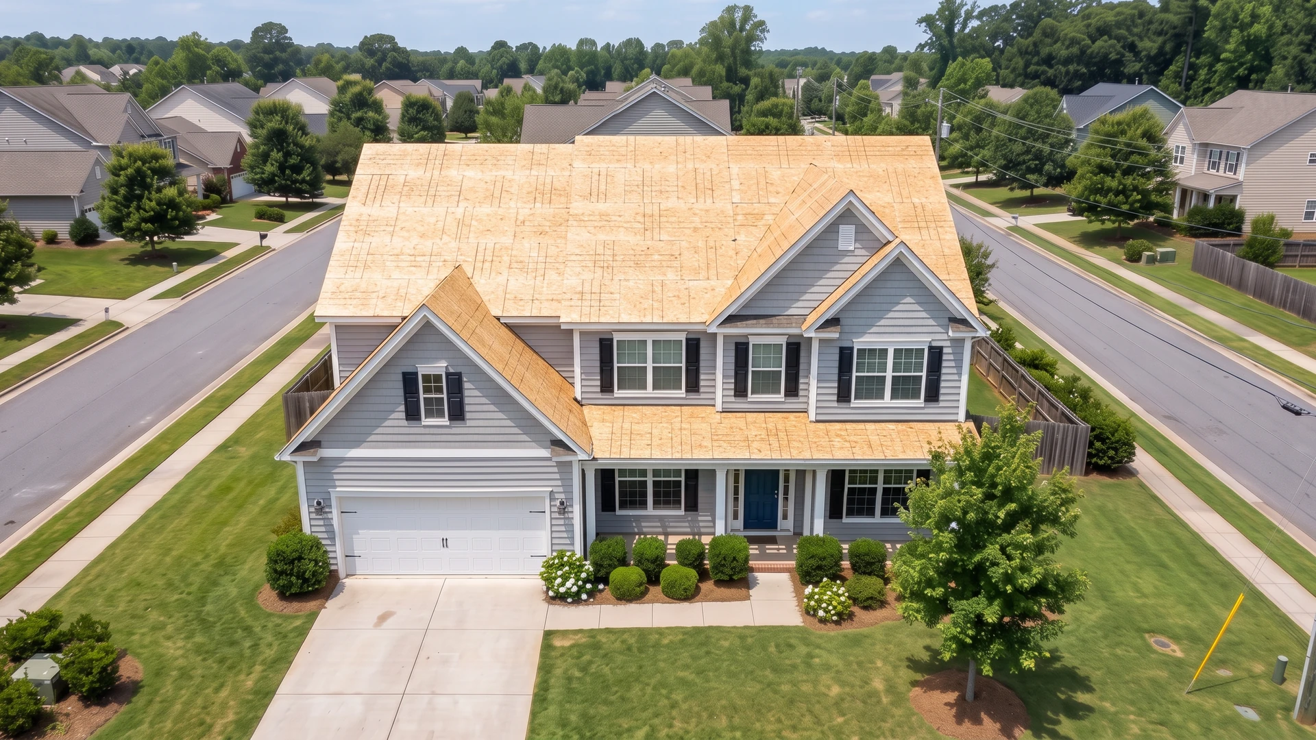 Same home with plywood roof decking installed over the trusses